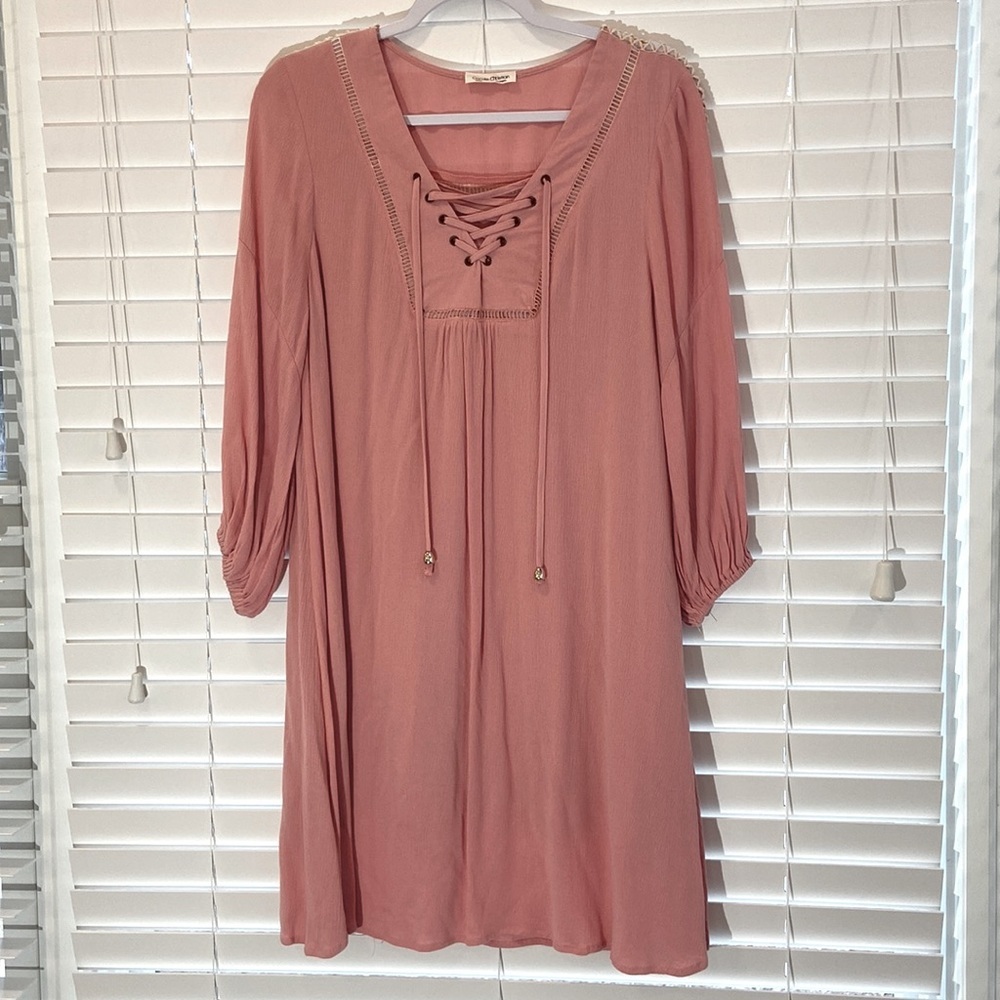 Carole Christian Peachy/Rose Lined Flowy Long Sleeve Dress W/ Tie at Chest sz. S